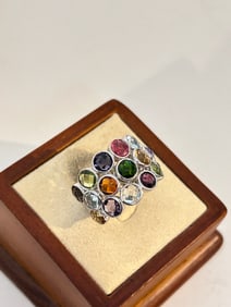 Vintage Sterling Silver multi gemstone signed heart in box Ring sz 7