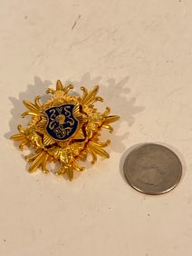 Vintage Gold Tone Enamel Shield Coat of Arms Brooch heavy