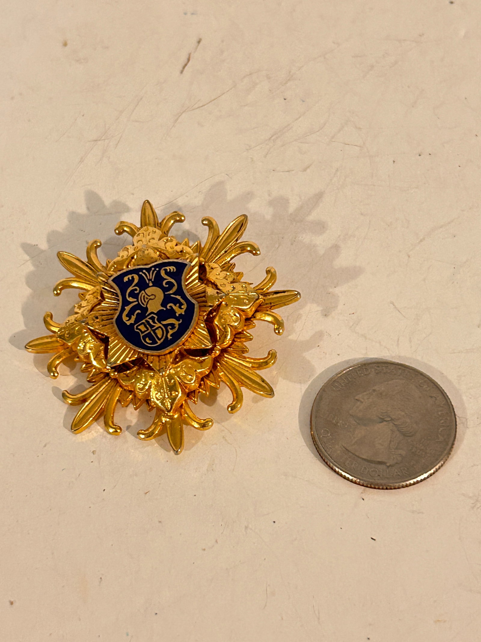 Vintage Gold Tone Enamel Shield Coat of Arms Brooch heavy: Vintage Gold Tone Enamel Shield Coat of Arms Brooch heavy Please view all photos as they are part of the description and condition of this Item, Feel free to contact me with questions or picture reque