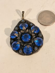 Vintage High End filigree blue pendant Necklace 2 1/4"