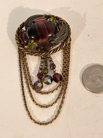 Unsigned Marena Made In Germany Vintage Art Deco Filigree Brooch Pendent Mother of Pearl 3 1/2"