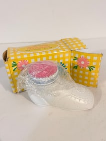 Vintage New Old Stock AVON Baby Shoe Pink Pin Cushion Lotion w Box Plastic White