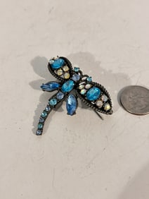 Vintage Rhinestone dragon fly blue Brooch