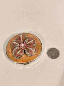 Vintage Enamel Rhinestone floral mirror & powder heavy case