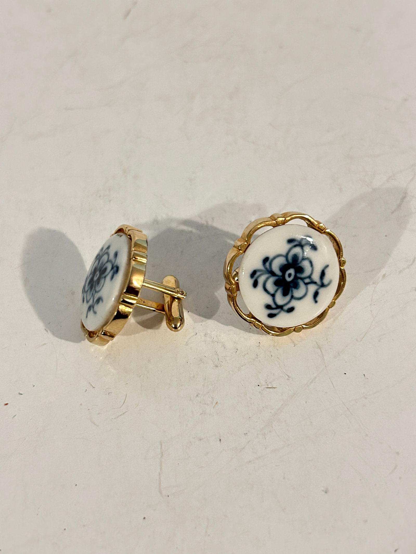 Vintage Gold plated Cufflinks Denmark floral Ceramic Blue (1 of 4)