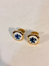 Vintage Gold plated Cufflinks Denmark Lion seal Ceramic Blue