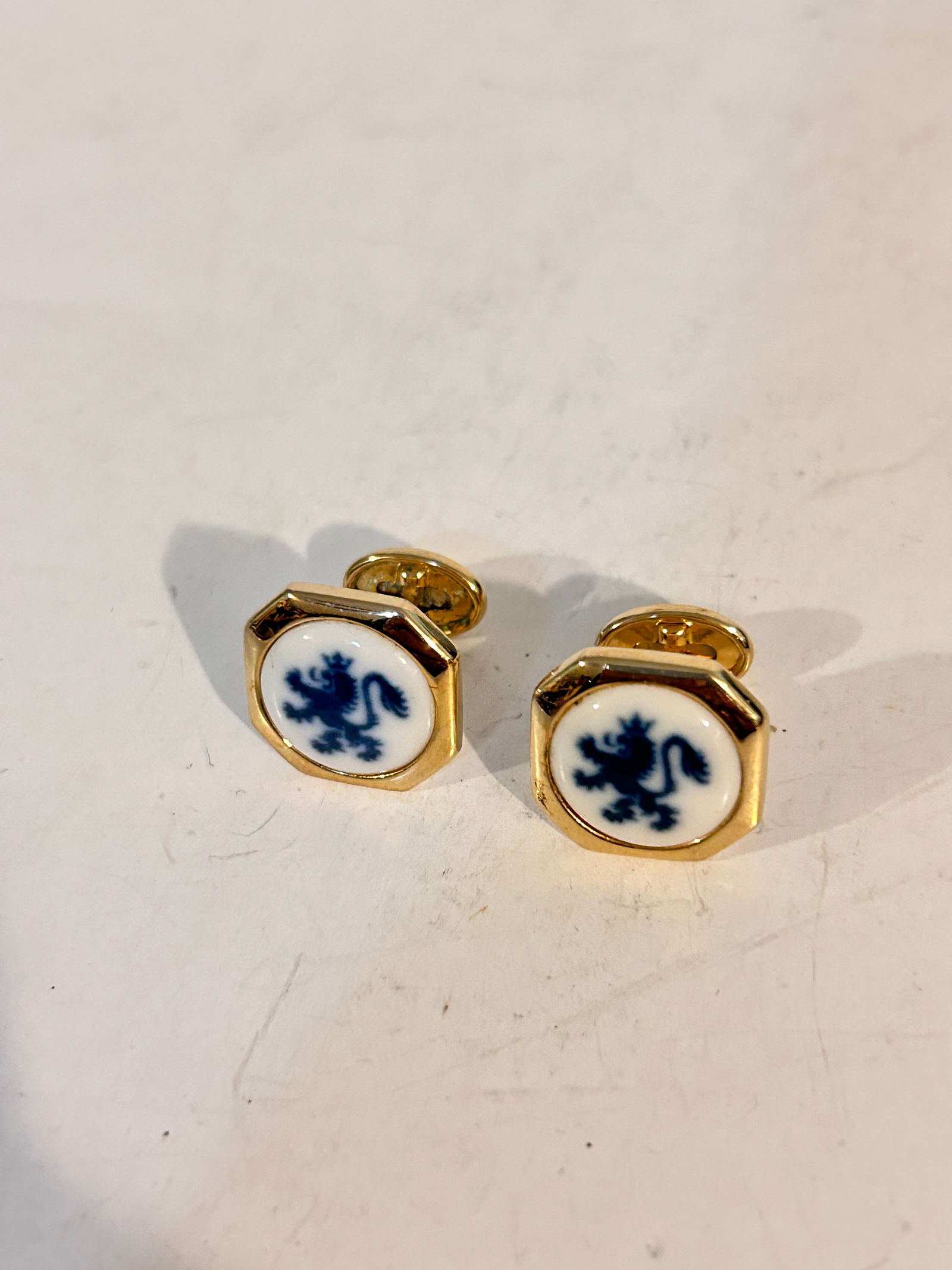 Vintage Gold plated Cufflinks Denmark Lion seal Ceramic Blue (1 of 4)