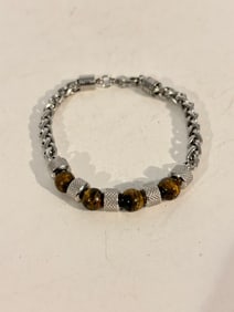 Vintage Stainless Steel Tigers Eye beaded Bracelet sz 8"
