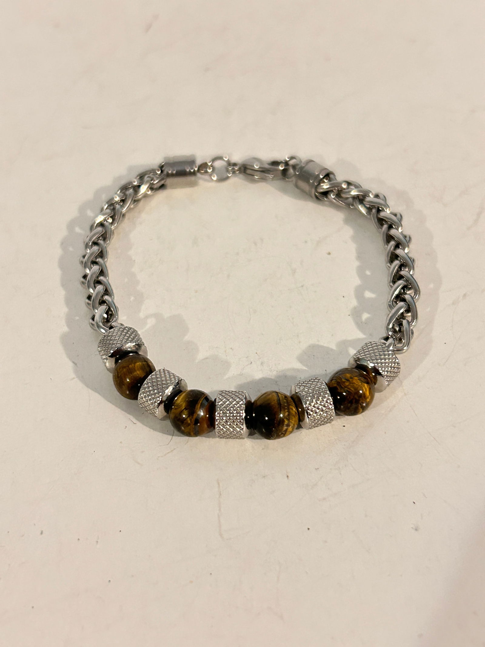 Vintage Stainless Steel Tigers Eye beaded Bracelet sz 8" (1 of 4)