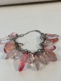 Vintage large rhinestone pink beaded Bracelet sz 9"