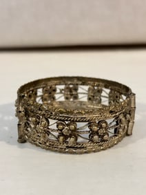 Vintage old metal filigree hinged Bracelet sz 8"