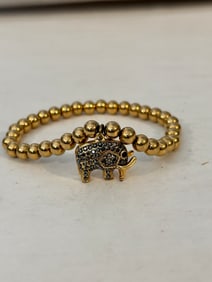 Vintage gold beaded Elephant rhinestone stretch Bracelet sz 8"
