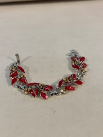 Vintage red enamel floral Bracelet sz 6"