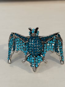 Vintage Blue Rhinestone Bat hinged Bracelet sz 8"