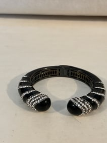 Vintage Black Enamel rhinestone hinged FB signed Bracelet sz 8"