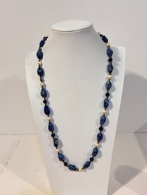 Vintage blue Tourmaline beaded pearl sterling Necklace 28"