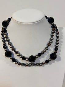 Beautiful Diana Venezia sterling large beaded onyx necklace 33"