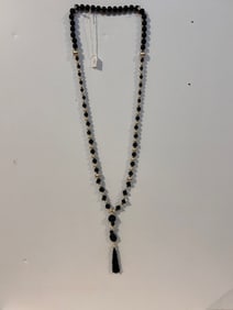 Vintage large onyx knotted pearl black Cinnabar Necklace 44"