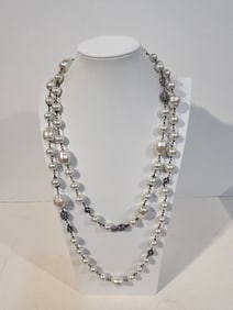 Joan Boyce Simulated Faux Pearl Black Crystal Pave Statement Necklace 52"