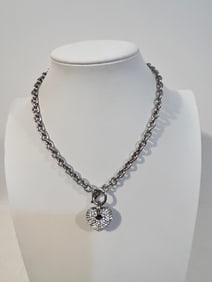 Vintage silver tone rhinestone heart pendant Necklace 16"