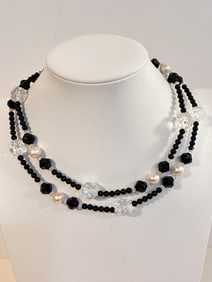 Vintage beaded black white Necklace 36"