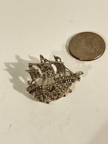 Vintage Sterling Silver marcasite ship Brooch