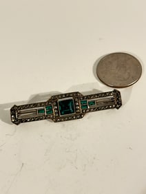 Vintage Sterling Silver marcasite green gem stone 1900s Brooch