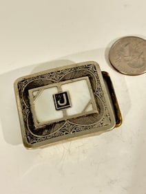 Vintage Silver Plate mother of pearl J Belt buckle