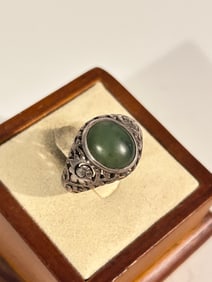 Vintage Sterling Silver Nephrite filigree Ring sz 8