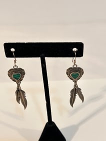Vintage Sterling Silver Malachite feather Earrings