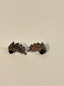 Vintage Sterling Silver leaf marcasite onyx Earrings
