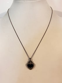 Vintage Sterling Silver marcasite onyx heart pendant Necklace 17"
