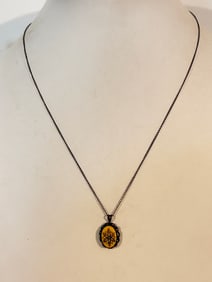 Vintage Sterling Silver carved bone pendant Necklace 18"