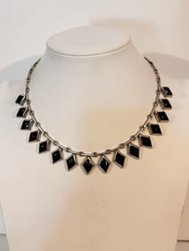 Vintage Sterling Silver 950 Mexico onyx Black Panther Style Necklace 1900s 15" choker