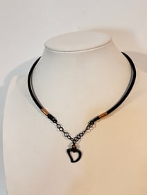 Vintage Sterling Silver leather heart pendant Necklace 13"