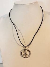 Vintage Sterling Silver leather peace sign pendant Necklace 17"