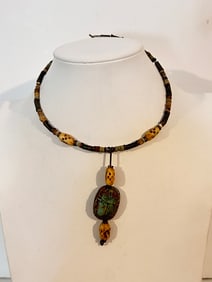 Antique Early 20th Century Egyptian Revival Large Beetle Scarab Pendant choker 12"