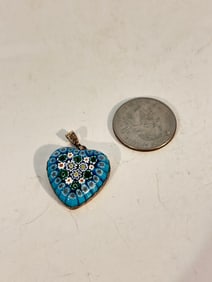 Vintage Sterling Silver Murano blue heart pendant Necklace