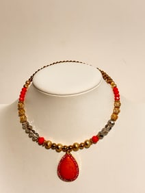 Vintage Beaded Colorful pendant Necklace 12"