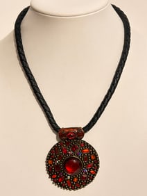 Vintage leather large colorful Necklace 16"
