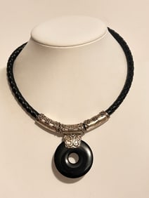 Vintage leather braided onyx choker Necklace 12"