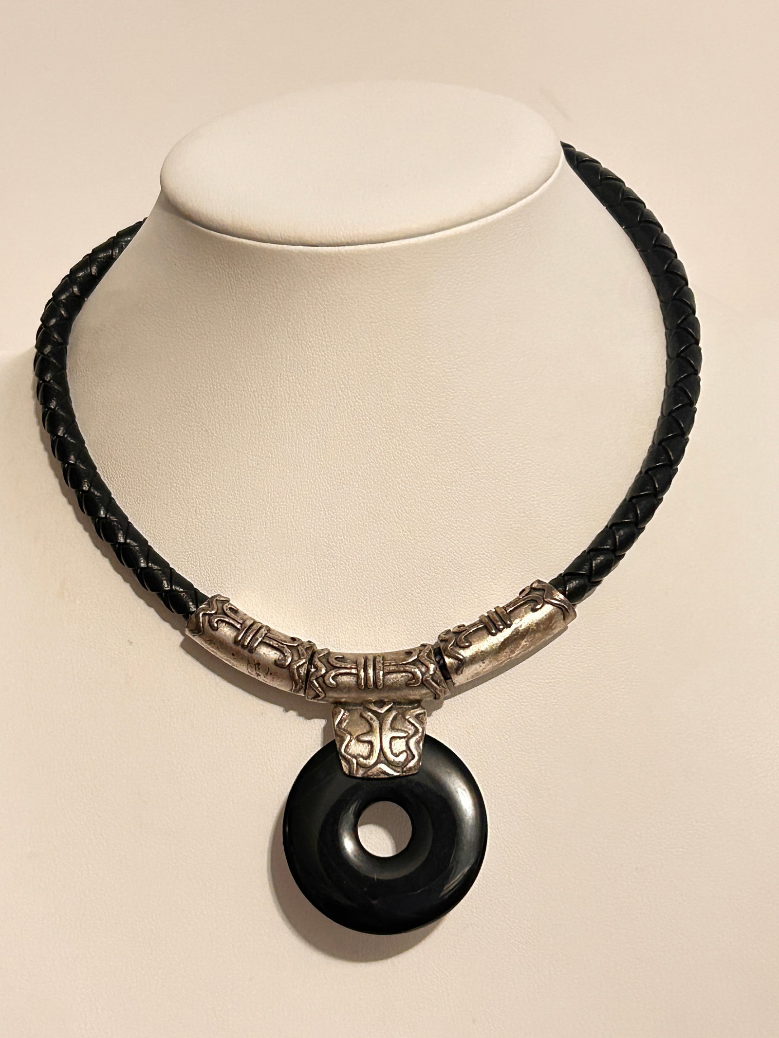 Vintage leather braided onyx choker Necklace 12" (1 of 4)