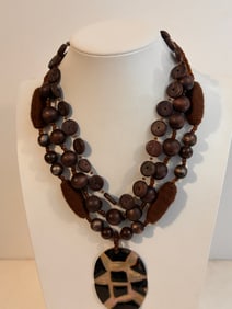 Vintage wood beaded mother of pearl pendant 16" Necklace