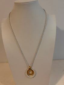 Vintage white enamel gold tone pendant Necklace 23"