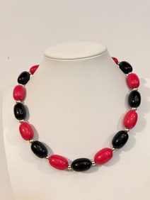 Vintage black & Pink Acrylic Bead Necklace 17"