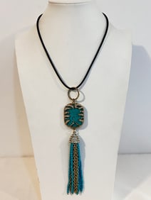 Vintage leather blue pendant Necklace 16"