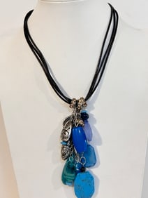 Vintage leather blue pendant Necklace 16"