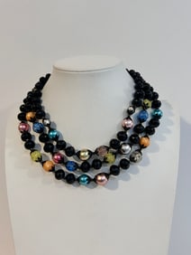 Vintage Deauville multi color Faux Pearls Black Glass Beads Choker Necklace 13"