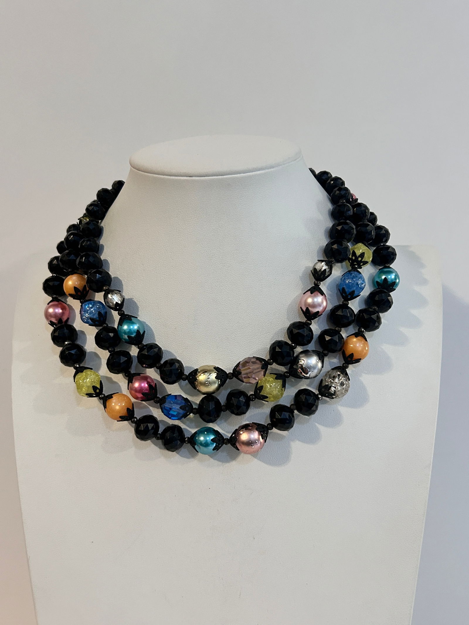 Vintage Deauville multi color Faux Pearls Black Glass Beads Choker Necklace 13" (1 of 4)