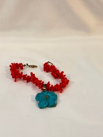 Vintage Sterling Silver Turquoise Coral beaded floral Bracelet 7"
